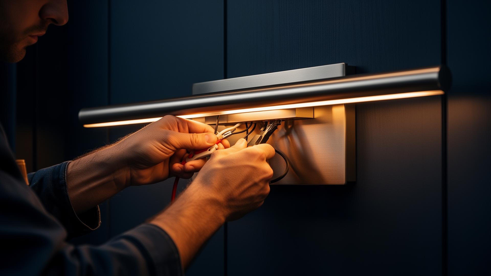 Electrician installing a contemporary linear pendant light in a modern interior